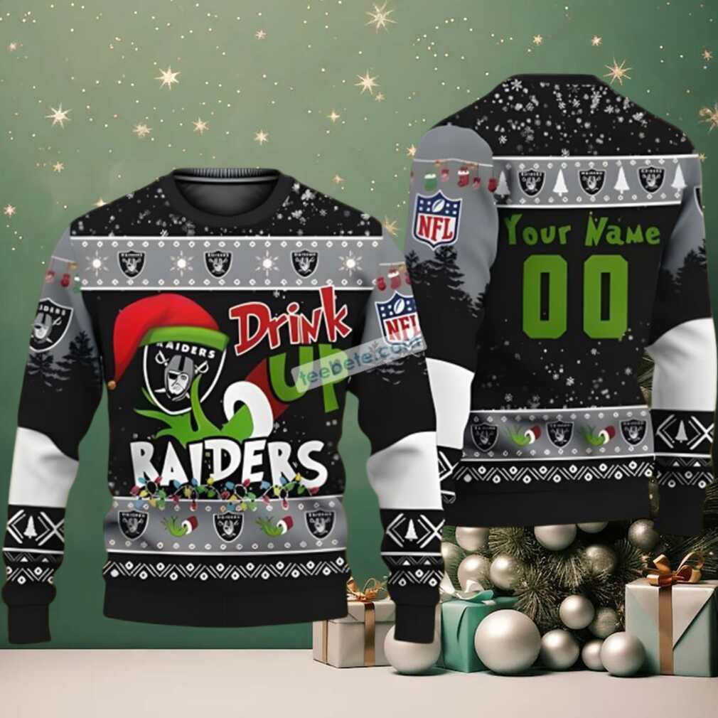 Personalized Las Vegas Raiders Grinch Drink Up Best Christmas Ugly Sweaters Black Grey Personalized Las Vegas Raiders Grinch Drink Up Best Christmas Ugly Sweaters Black Grey