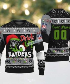 Personalized Las Vegas Raiders Grinch Drink Up Best Christmas Ugly Sweaters Black Grey