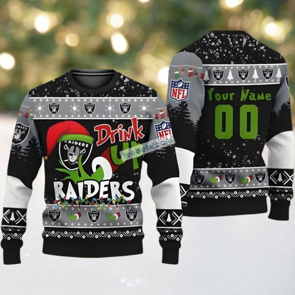 Personalized Las Vegas Raiders Grinch Drink Up Best Christmas Ugly Sweaters Black Grey Personalized Las Vegas Raiders Grinch Drink Up Best Christmas Ugly Sweaters Black Grey