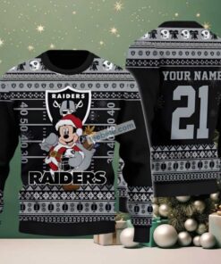 Personalized Las Vegas Raiders Mickey Mouse Santa Ugly Christmas Sweater Grey Personalized Las Vegas Raiders Mickey Mouse Santa Ugly Christmas Sweater Grey