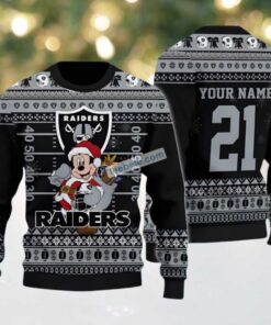 Personalized Las Vegas Raiders Mickey Mouse Santa Ugly Christmas Sweater Grey