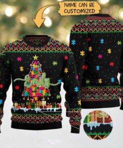 Personalized Name Autism Ugly Sweater Autism Christmas Tree