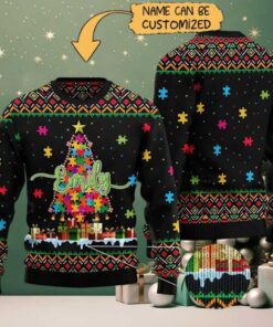 Personalized Name Autism Ugly Sweater Autism Christmas Tree