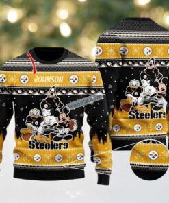 Personalized Pittsburgh Steelers Donald Duck Mickey Goofy Ugly Christmas Sweater Black