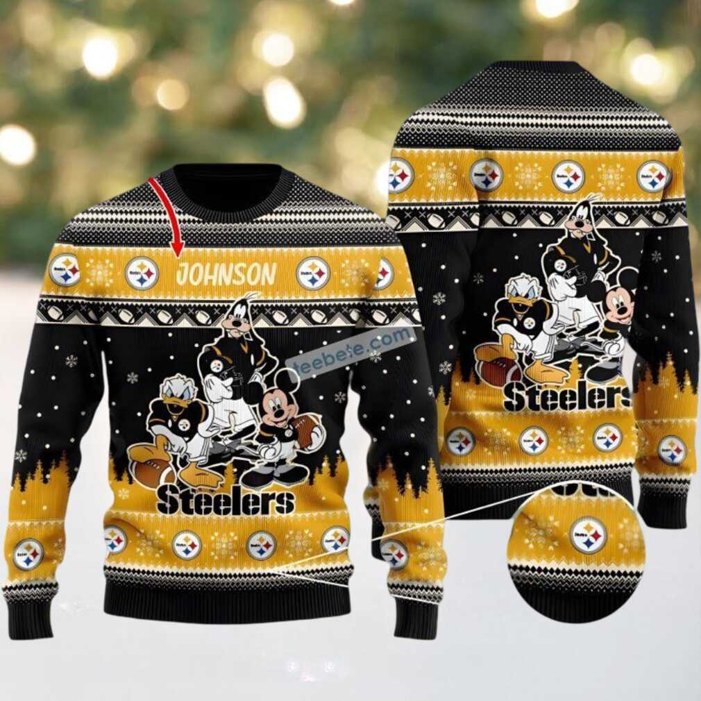 Personalized Pittsburgh Steelers Donald Duck Mickey Goofy Ugly Christmas Sweater Black, hoodie, sweater, long sleeve and tank top Personalized Pittsburgh Steelers Donald Duck Mickey Goofy Ugly Christmas Sweater Black