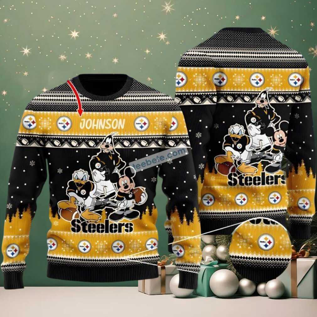 Personalized Pittsburgh Steelers Donald Duck Mickey Goofy Ugly Christmas Sweater Black, hoodie, sweater, long sleeve and tank top Personalized Pittsburgh Steelers Donald Duck Mickey Goofy Ugly Christmas Sweater Black