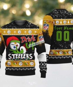 Personalized Pittsburgh Steelers Grinch Drink Up Funny Ugly Sweater Yellow Black