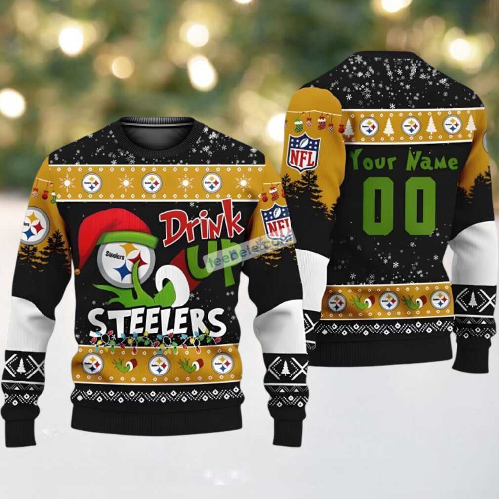 Personalized Pittsburgh Steelers Grinch Drink Up Funny Ugly Sweater Yellow Black, hoodie, sweater, long sleeve and tank top Personalized Pittsburgh Steelers Grinch Drink Up Funny Ugly Sweater Yellow Black
