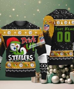 Personalized Pittsburgh Steelers Grinch Drink Up Funny Ugly Sweater Yellow Black, hoodie, sweater, long sleeve and tank top Personalized Pittsburgh Steelers Grinch Drink Up Funny Ugly Sweater Yellow Black