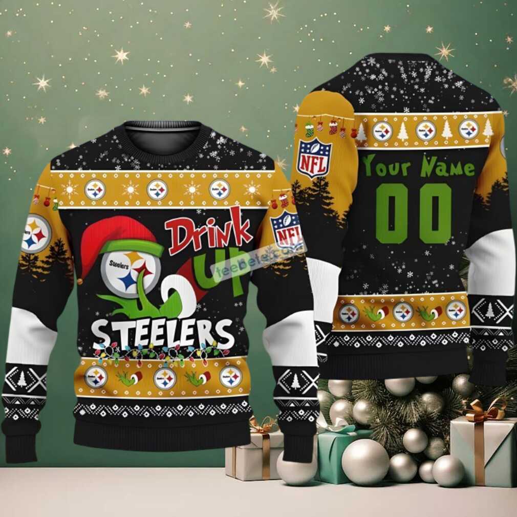 Personalized Pittsburgh Steelers Grinch Drink Up Funny Ugly Sweater Yellow Black, hoodie, sweater, long sleeve and tank top Personalized Pittsburgh Steelers Grinch Drink Up Funny Ugly Sweater Yellow Black