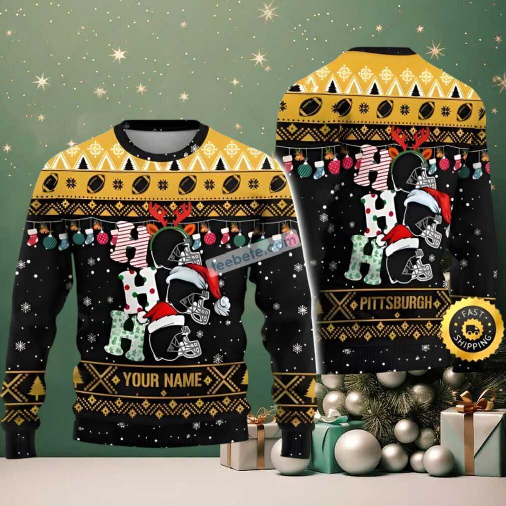 Personalized Pittsburgh Steelers Mickey Hohoho Ugly Christmas Sweater Adults Black, hoodie, sweater, long sleeve and tank top Adult wearing a personalized Pittsburgh Steelers Mickey Hohoho Christmas sweater