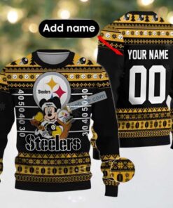 Personalized Pittsburgh Steelers Mickey Mouse Santa Family Ugly Christmas Sweaters Yellow