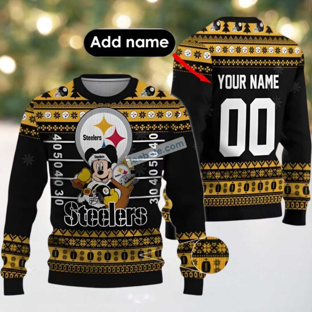 Personalized Pittsburgh Steelers Mickey Mouse Santa Family Ugly Christmas Sweaters Yellow, hoodie, sweater, long sleeve and tank top Personalized Pittsburgh Steelers Mickey Mouse Santa Family Ugly Christmas Sweaters Yellow