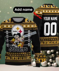 Personalized Pittsburgh Steelers Mickey Mouse Santa Family Ugly Christmas Sweaters Yellow, hoodie, sweater, long sleeve and tank top Personalized Pittsburgh Steelers Mickey Mouse Santa Family Ugly Christmas Sweaters Yellow