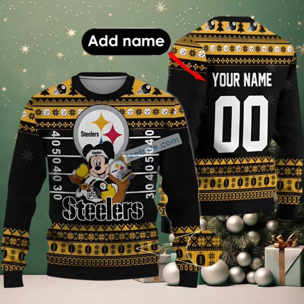 Personalized Pittsburgh Steelers Mickey Mouse Santa Family Ugly Christmas Sweaters Yellow, hoodie, sweater, long sleeve and tank top Personalized Pittsburgh Steelers Mickey Mouse Santa Family Ugly Christmas Sweaters Yellow Secondary Image