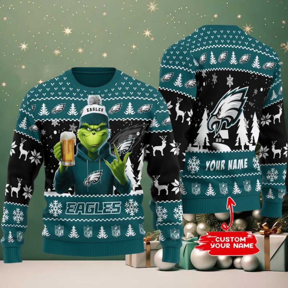 Philadelphia Eagles Grinch With Beer Ugly Christmas Sweater Philadelphia Eagles Grinch With Beer Ugly Christmas Sweater