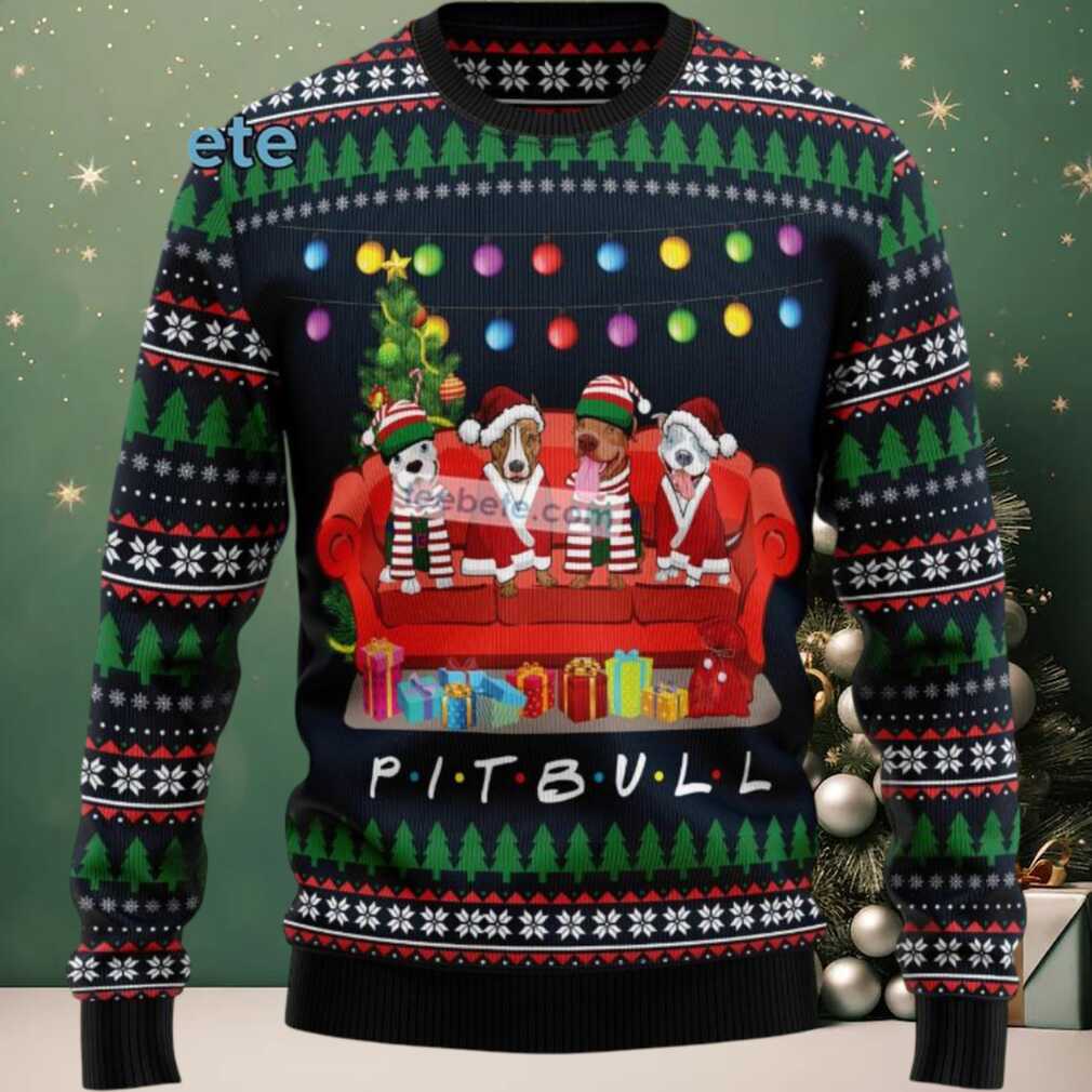 Pit Bull Dog On Red Sofa Ugly Cardigan Christmas, hoodie, sweater, long sleeve and tank top Pit Bull Dog On Red Sofa Ugly Christmas Cardigan