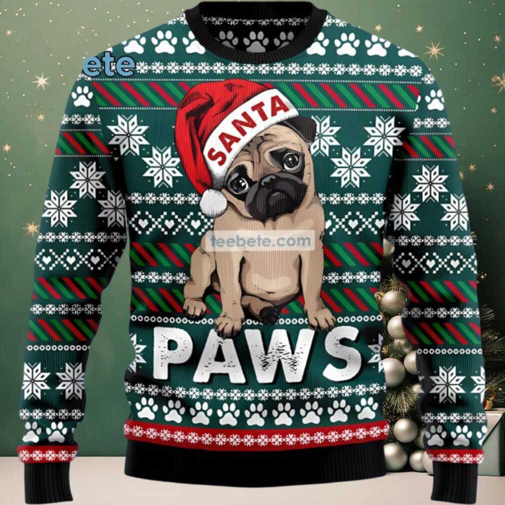Pitbull Dog Face Santa Paws Ugly Christmas Sweater Green Cool, hoodie, sweater, long sleeve and tank top Pitbull Dog Face Santa Paws Ugly Christmas Sweater Green Cool detail view
