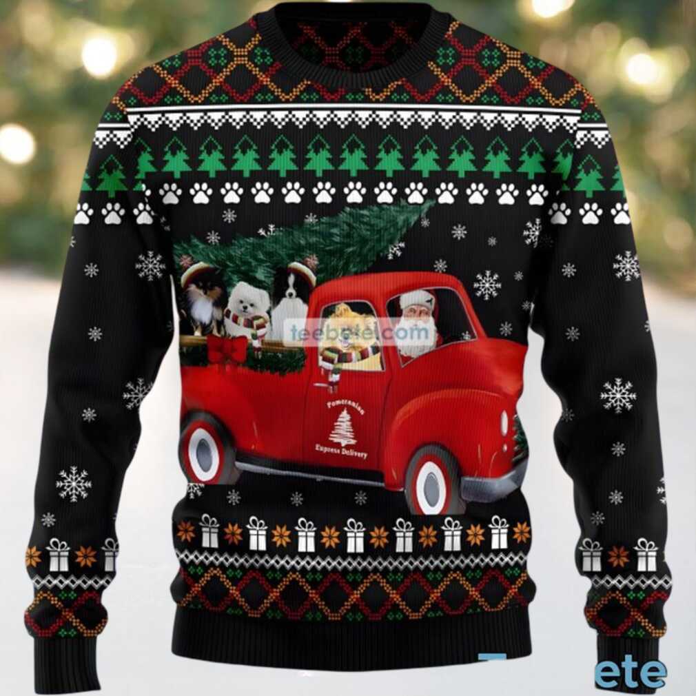 Pomeranian Dog Bring Xmas Tree Ugly Sweater Black, hoodie, sweater, long sleeve and tank top Pomeranian Dog Bring Xmas Tree Ugly Sweater Black