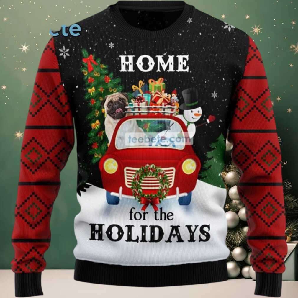 Pug Dog And Snowman Ugly Christmas Sweaters Vintage Red Black, hoodie, sweater, long sleeve and tank top Person wearing a Pug Dog and Snowman Ugly Christmas Sweater
