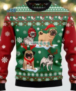 Pug Dog With Reindeer Hat Ugly Christmas Sweater Green Naughty