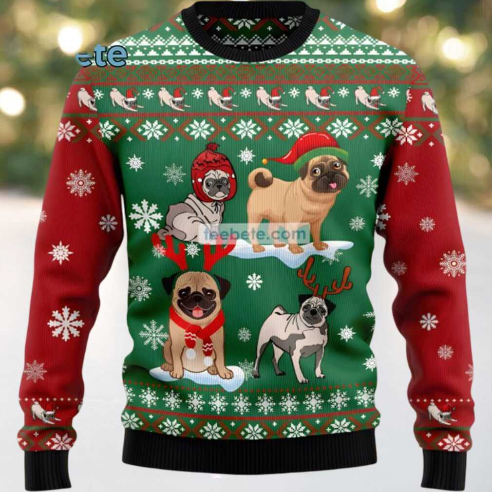 Pug Dog With Reindeer Hat Ugly Christmas Sweater Green Naughty, hoodie, sweater, long sleeve and tank top Pug Dog With Reindeer Hat Ugly Christmas Sweater Green Naughty