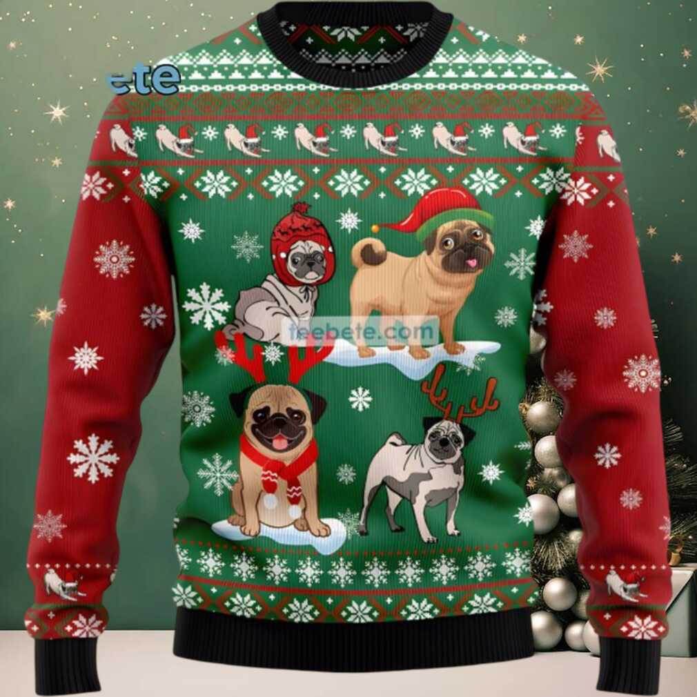 Pug Dog With Reindeer Hat Ugly Christmas Sweater Green Naughty, hoodie, sweater, long sleeve and tank top Pug Dog With Reindeer Hat Ugly Christmas Sweater Green Naughty Back