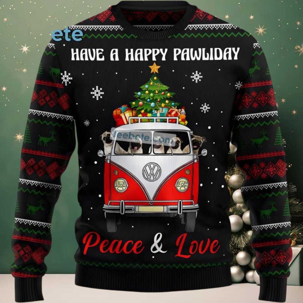 Pug Dogs Carrying Peace And Love Ugly Sweater Party Black, hoodie, sweater, long sleeve and tank top Pug Dogs Carrying Peace And Love Ugly Sweater Back