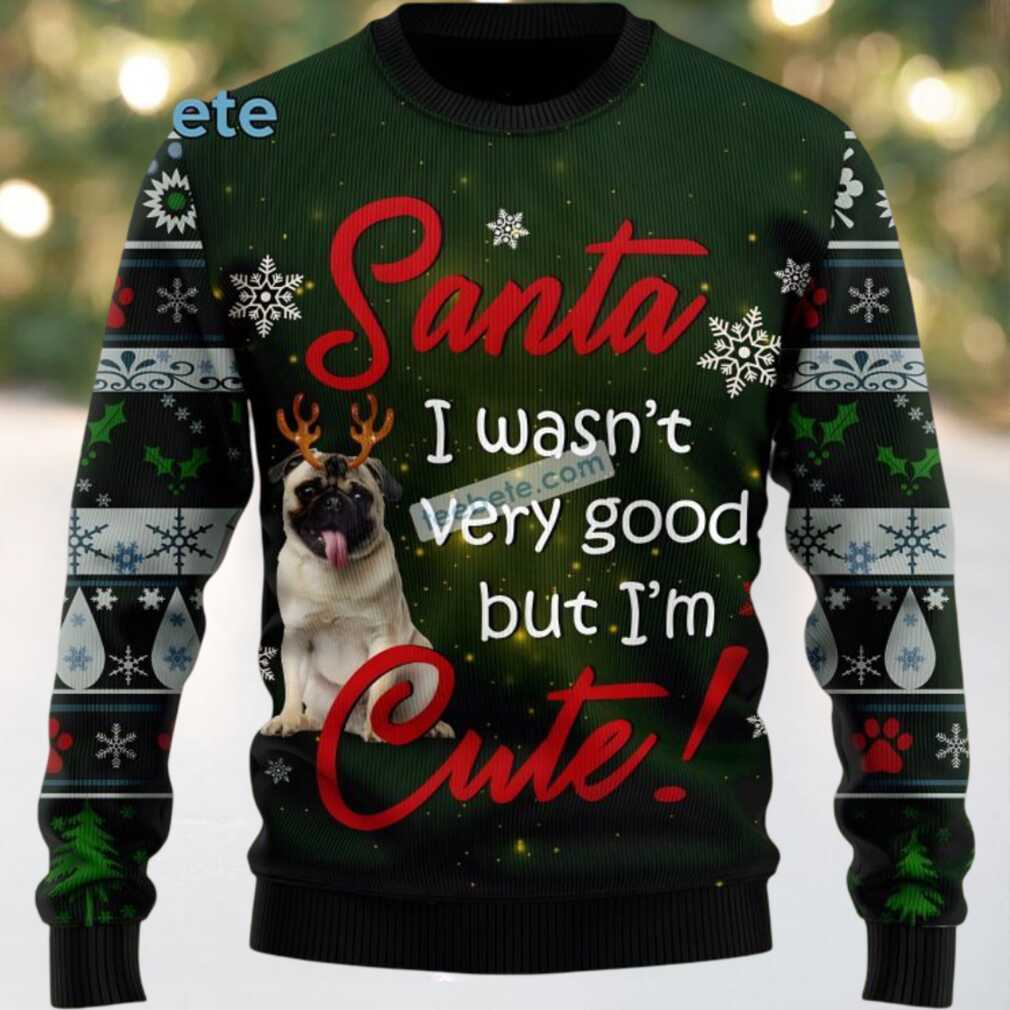 Pugdog Im Cute Dog Face Ugly Sweater Green Funny, hoodie, sweater, long sleeve and tank top Pugdog I'm Cute Dog Face Ugly Sweater Green Funny front view