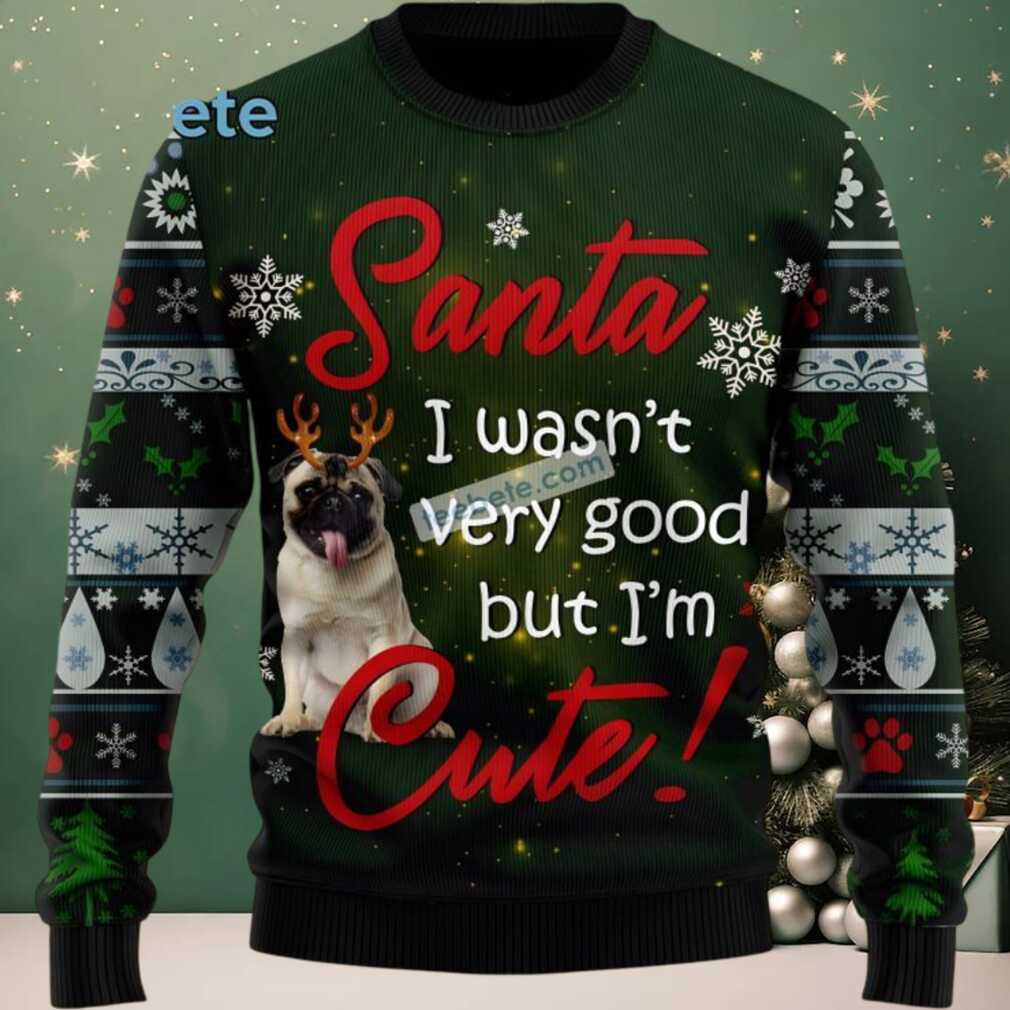Pugdog Im Cute Dog Face Ugly Sweater Green Funny, hoodie, sweater, long sleeve and tank top Pugdog I'm Cute Dog Face Ugly Sweater Green Funny detail view