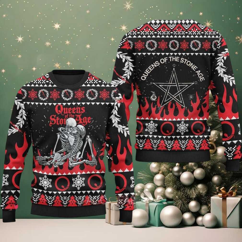 Queens Of The Stone Age Skeletons Knitted Red And Black Ugly Christmas Sweater Queens Of The Stone Age Skeletons Knitted Red And Black Ugly Christmas Sweater
