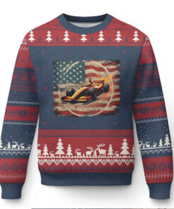 Racing Car Ugly Christmas Sweater Patriotic American Flag Race
