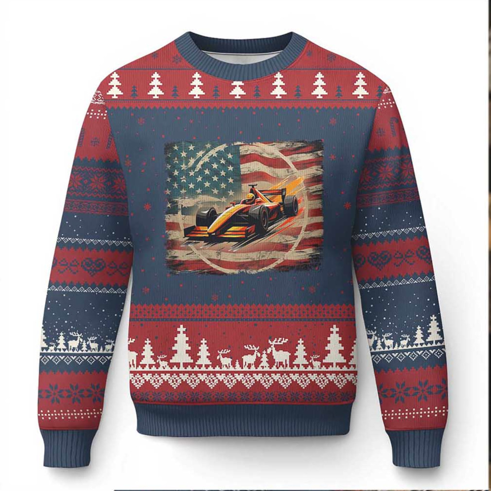 Racing Car Ugly Christmas Sweater Patriotic American Flag Race Racing Car Ugly Christmas Sweater Patriotic American Flag Race