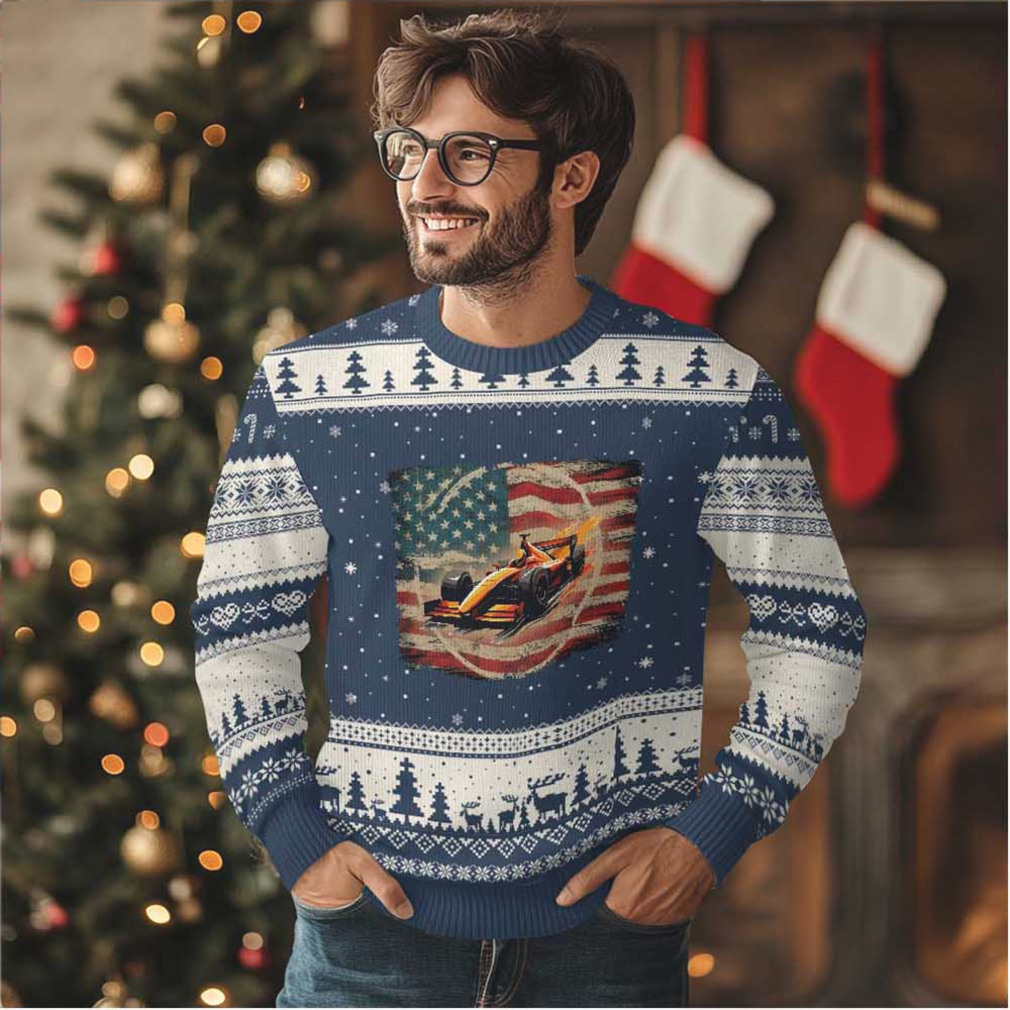 Racing Car Ugly Christmas Sweater Patriotic American Flag Race Racing Car Ugly Christmas Sweater Patriotic American Flag Race