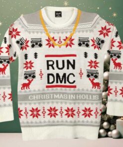 Run DMC Christmas In Hollis Golden Chain Knitted White Ugly Christmas Sweater