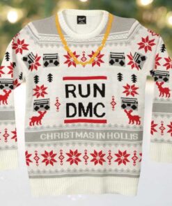 Run DMC Christmas In Hollis Golden Chain Knitted White Ugly Christmas Sweater