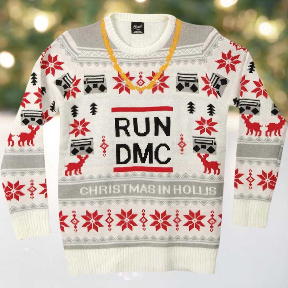Run DMC Christmas In Hollis Golden Chain Knitted White Ugly Christmas Sweater Run DMC Christmas In Hollis Golden Chain Knitted White Ugly Christmas Sweater