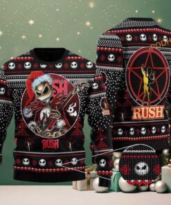 Rush Band X Jack Skelington Santa Clause Playing Electric Guitar For Fans Ugly Christmas Sweater