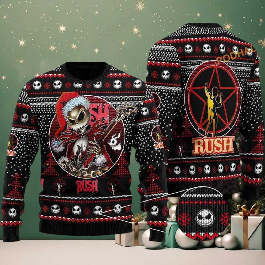 Rush Band X Jack Skelington Santa Clause Playing Electric Guitar For Fans Ugly Christmas Sweater Rush Band X Jack Skelington Santa Clause Playing Electric Guitar For Fans Ugly Christmas Sweater