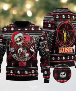 Rush Band X Jack Skelington Santa Clause Playing Electric Guitar For Fans Ugly Christmas Sweater