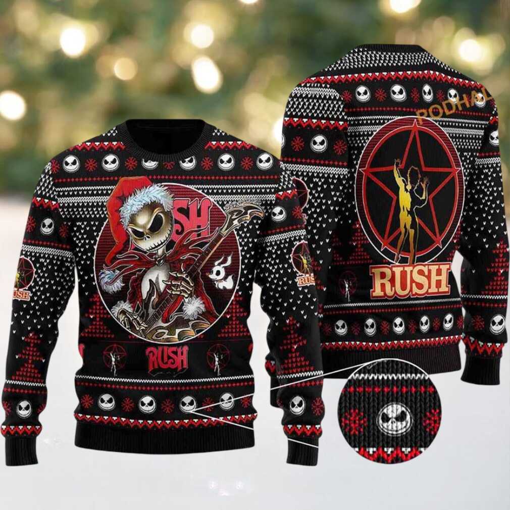 Rush Band X Jack Skelington Santa Clause Playing Electric Guitar For Fans Ugly Christmas Sweater Rush Band X Jack Skelington Santa Clause Playing Electric Guitar For Fans Ugly Christmas Sweater