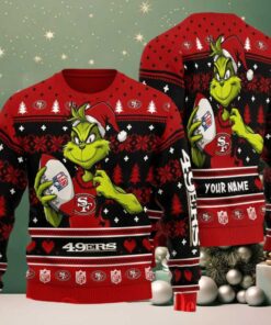 San Francisco 49ers Grinch With Ball NFL Ugly Christmas Sweaters San Francisco 49ers Grinch With Ball NFL Ugly Christmas Sweaters