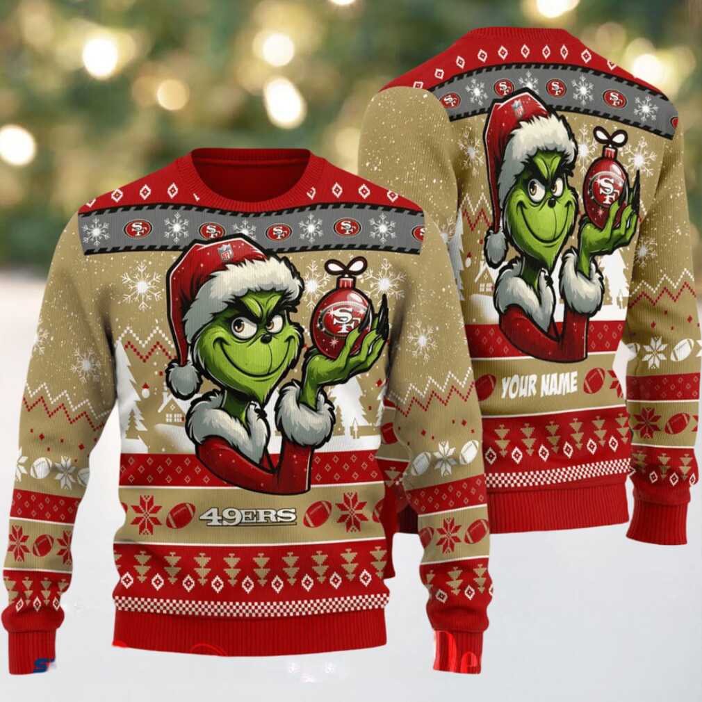 San Francisco 49ers Grinch With Ornament Ugly Christmas Sweater San Francisco 49ers Grinch With Ornament Ugly Christmas Sweater