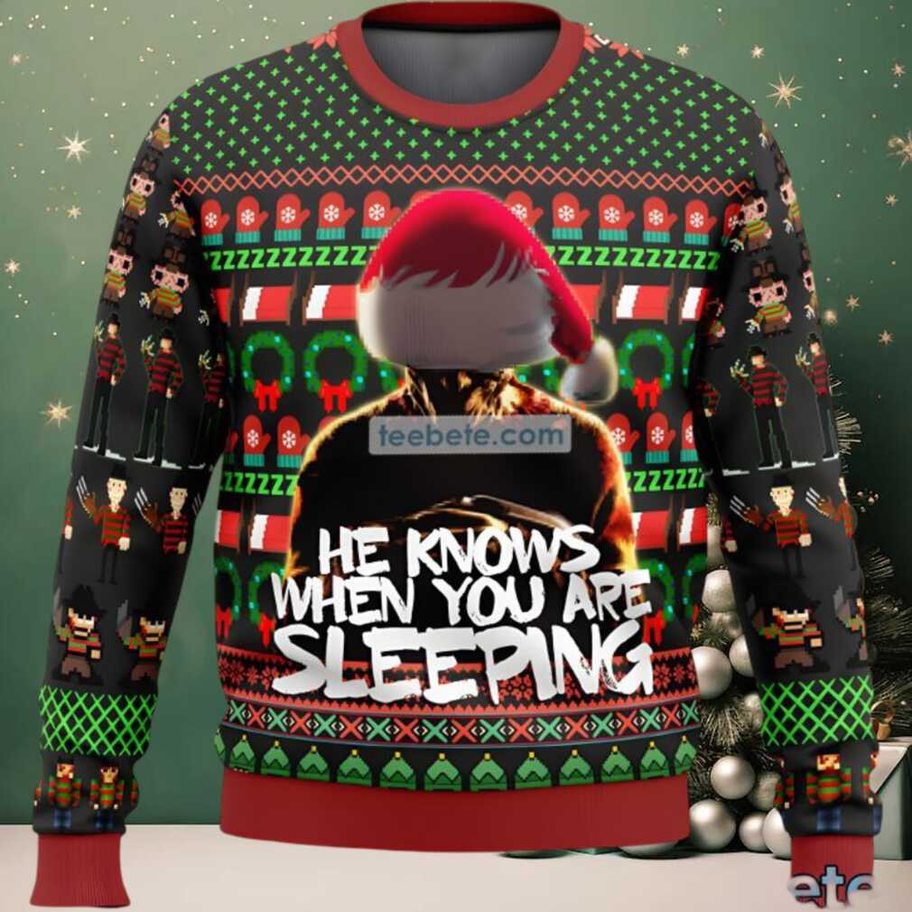Santa Hat Freddy Krueger Ugly Sweater Black Red Naughty, hoodie, sweater, long sleeve and tank top Santa Hat Freddy Krueger Ugly Sweater Black Red Naughty Secondary Image