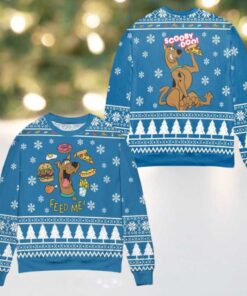 Scooby Doo Feed Me Snowflake Pattern Ugly Christmas Sweater Blue