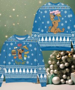 Scooby Doo Feed Me Snowflake Pattern Ugly Christmas Sweater Blue
