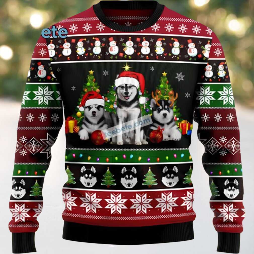Siberian Husky Face Dog Dad Ugly Sweater Black Siberian Husky Face Dog Dad Ugly Sweater Black