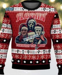 Slashin Through The Snow Michael Myers Freddy Krueger Ugly Christmas Sweater Red