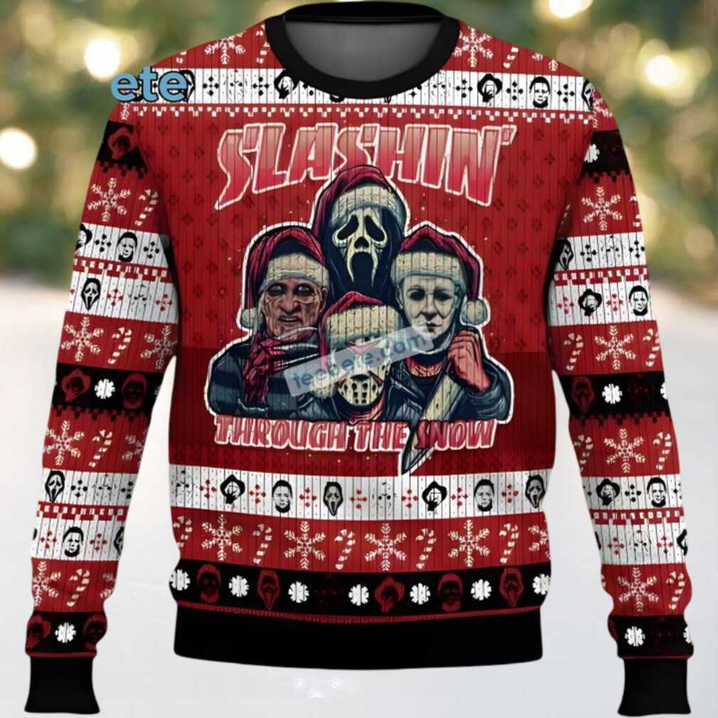 Slashin Through The Snow Michael Myers Freddy Krueger Ugly Christmas Sweater Red, hoodie, sweater, long sleeve and tank top Michael Myers Freddy Krueger Ugly Christmas Sweater Red