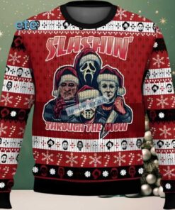 Slashin Through The Snow Michael Myers Freddy Krueger Ugly Christmas Sweater Red, hoodie, sweater, long sleeve and tank top Slashin Through The Snow Michael Myers Freddy Krueger Ugly Christmas Sweater Red